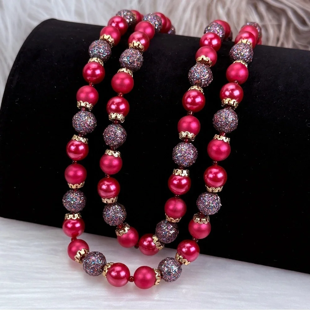 Vintage Japan Double Strand Pink Bead Statement Necklace Gold Tone